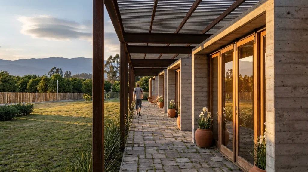 Corredor exterior de casa de campo en Limache con pilares de madera y piedra