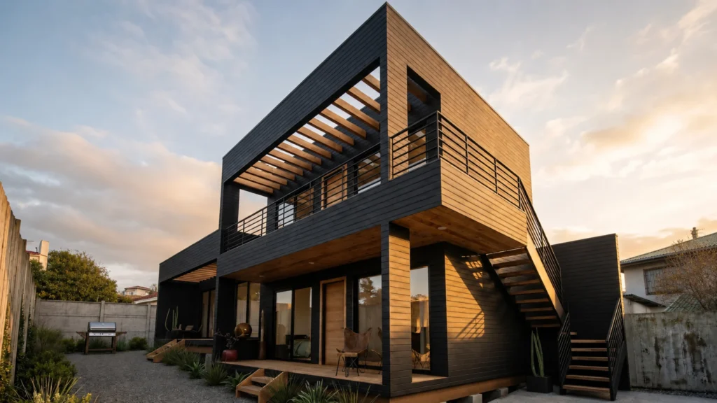 Departamentos modulares en Llolleo, San Antonio, con siding negro y revestimiento de madera