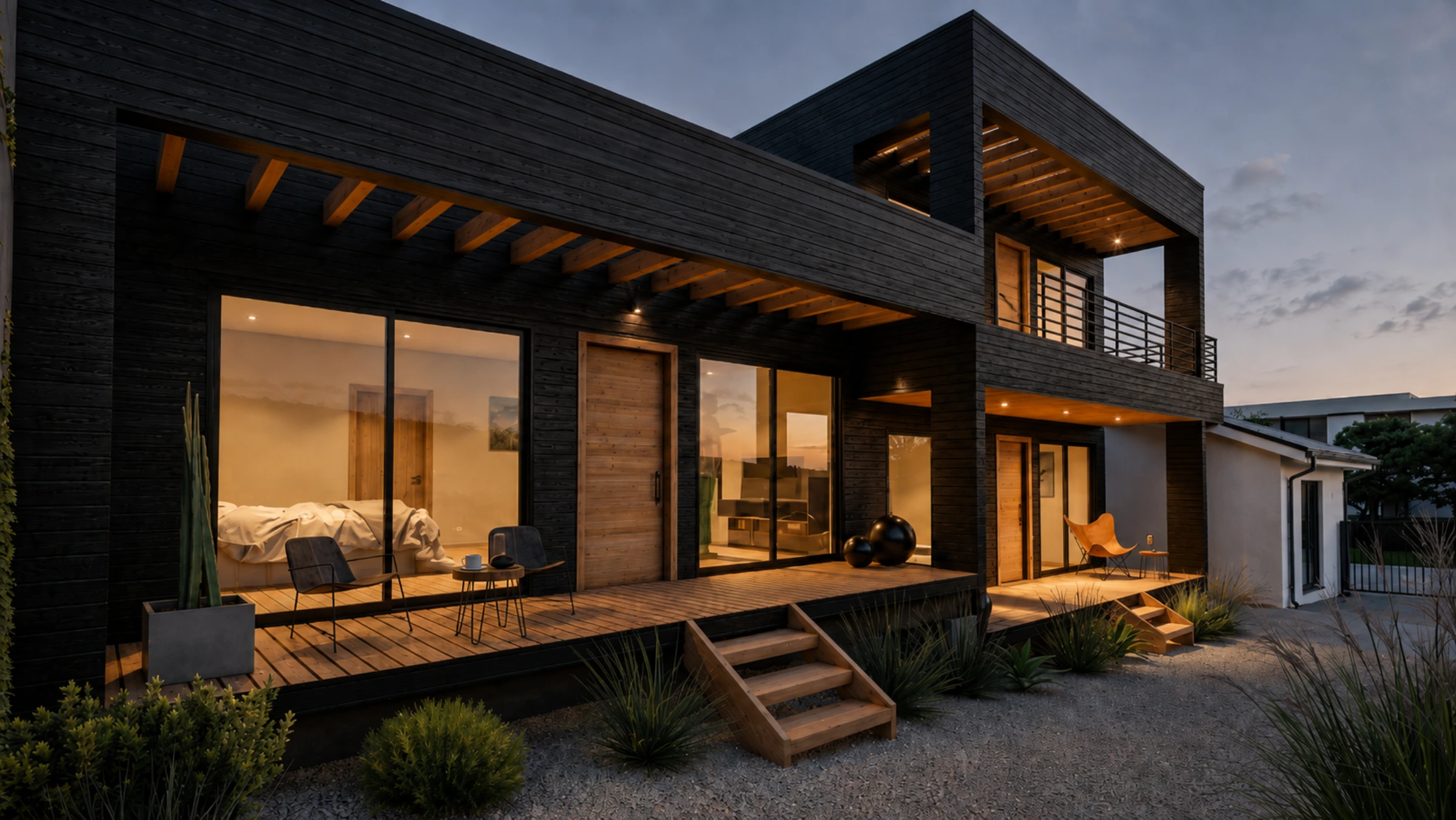 Fachada de departamentos modulares en Llolleo con siding negro y detalles en madera natural