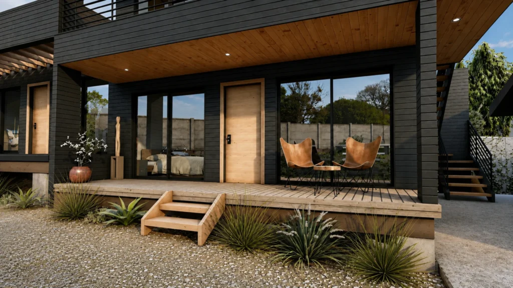 Detalle exterior de vivienda modular en San Antonio con siding negro, madera y terraza